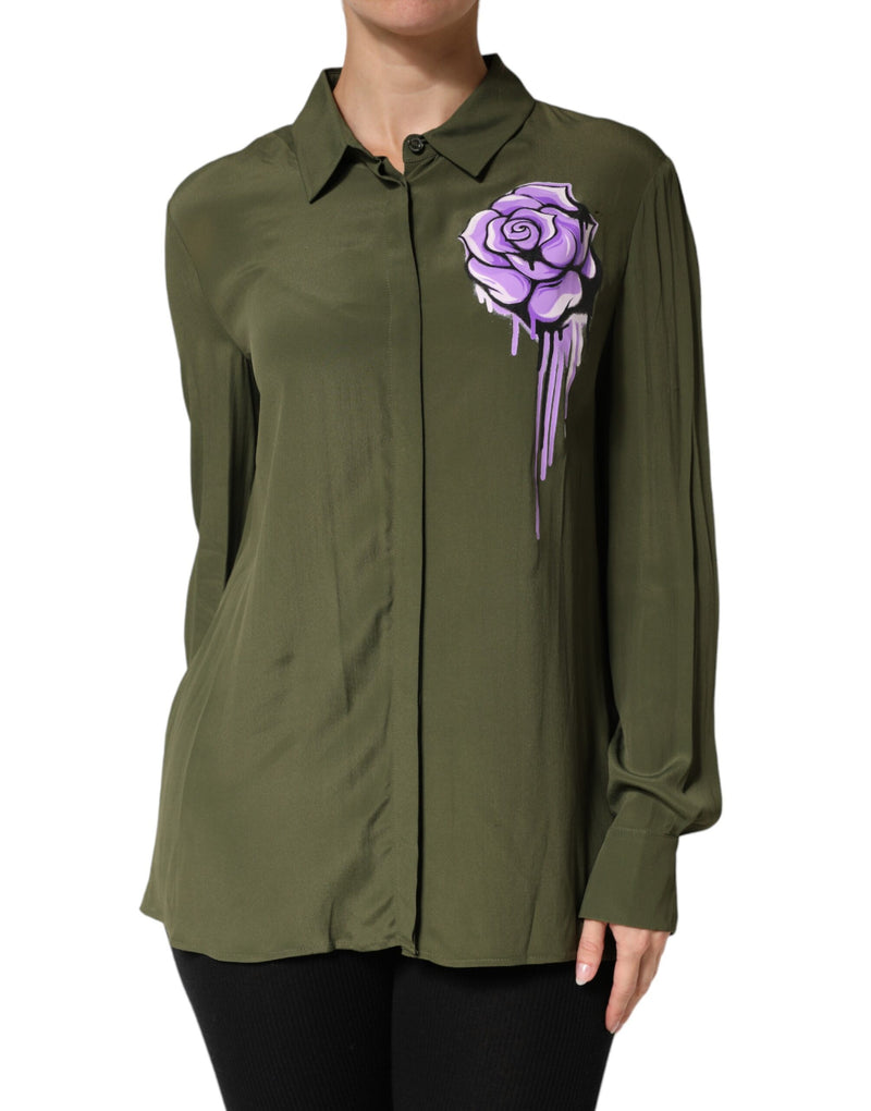 Boutique Moschino Green Floral Collared Long Sleeve Top