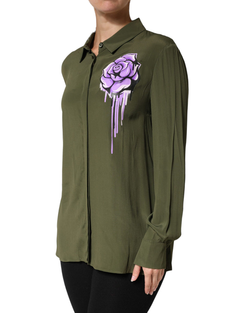 Boutique Moschino Green Floral Collared Long Sleeve Top