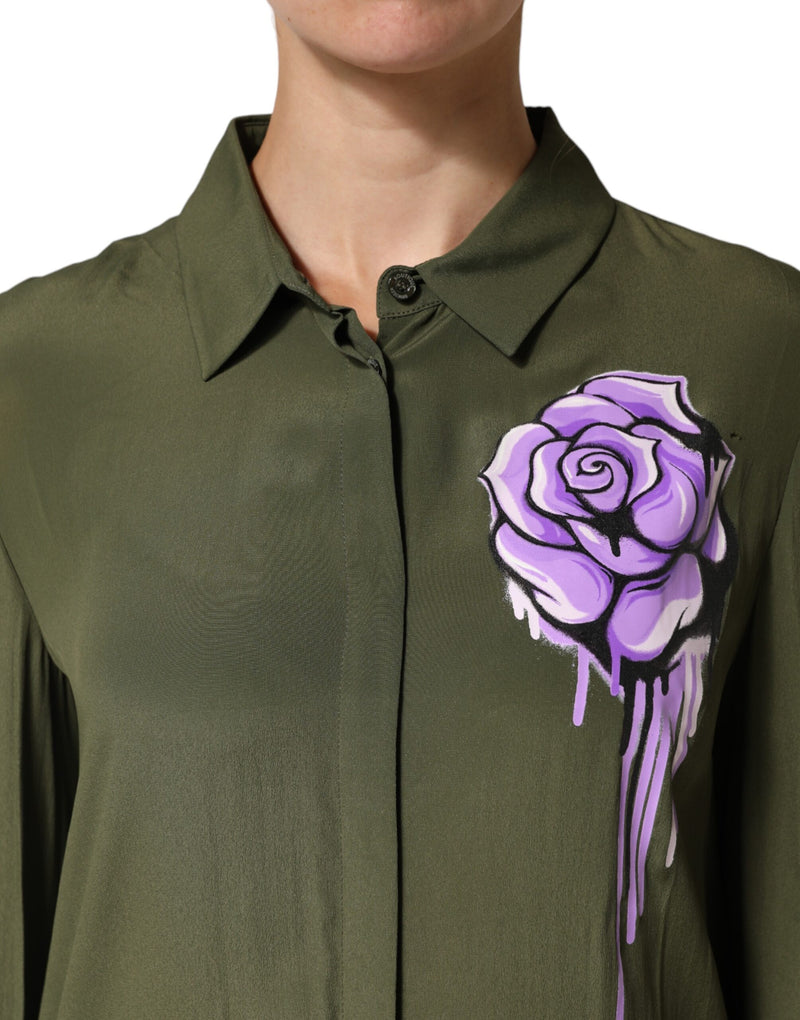 Boutique Moschino Green Floral Collared Long Sleeve Top