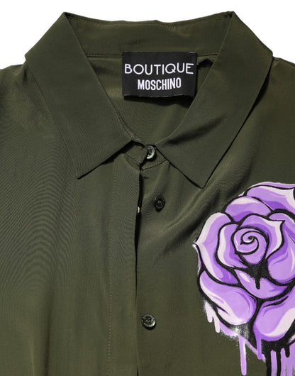 Boutique Moschino Top Green Acetate Collared Long Sleeves Floral Top