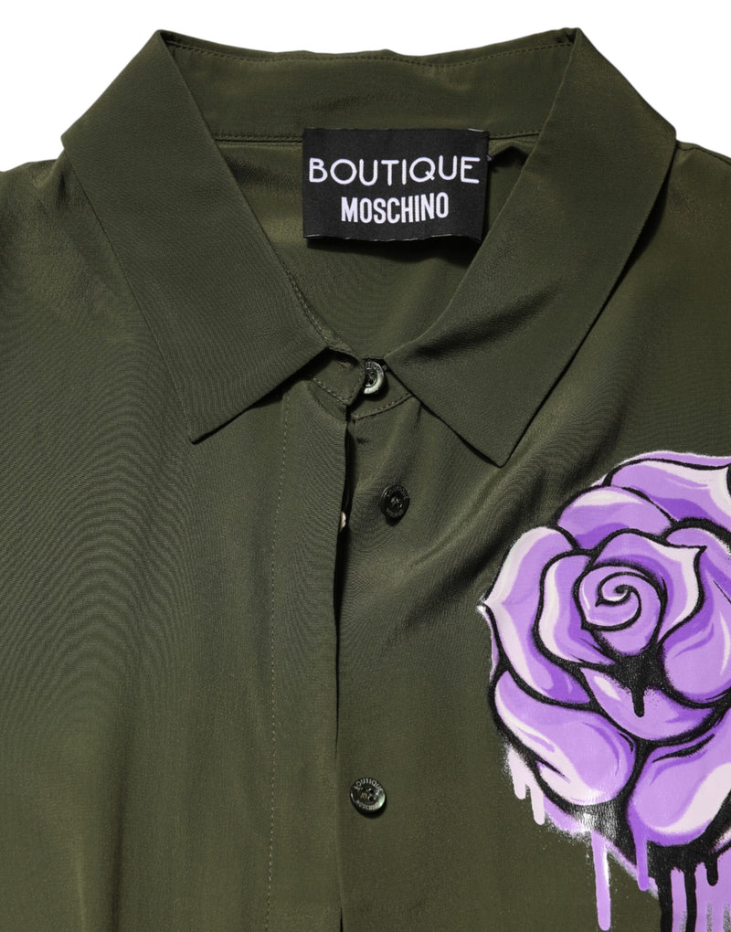 Boutique Moschino Green Floral Collared Long Sleeve Top