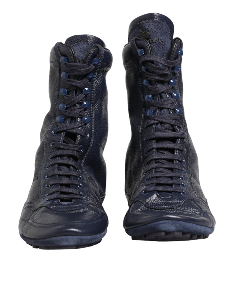 Dolce & Gabbana Bottes Mi-Mollet en Cuir de Cerf Bleu Foncé