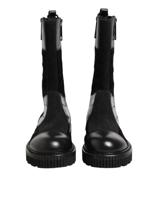 Dolce & Gabbana Black Patchwork Leather Mid Calf Boot