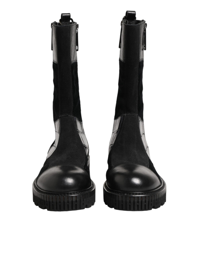 Dolce & Gabbana Black Patchwork Leather Mid Calf Boot