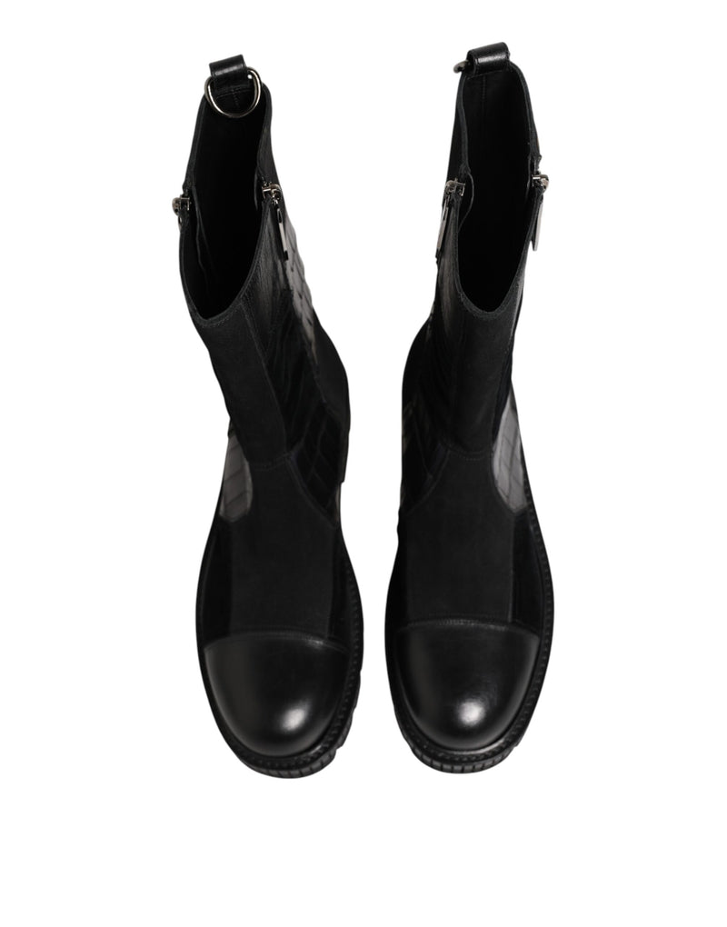 Dolce & Gabbana Black Patchwork Leather Mid Calf Boot