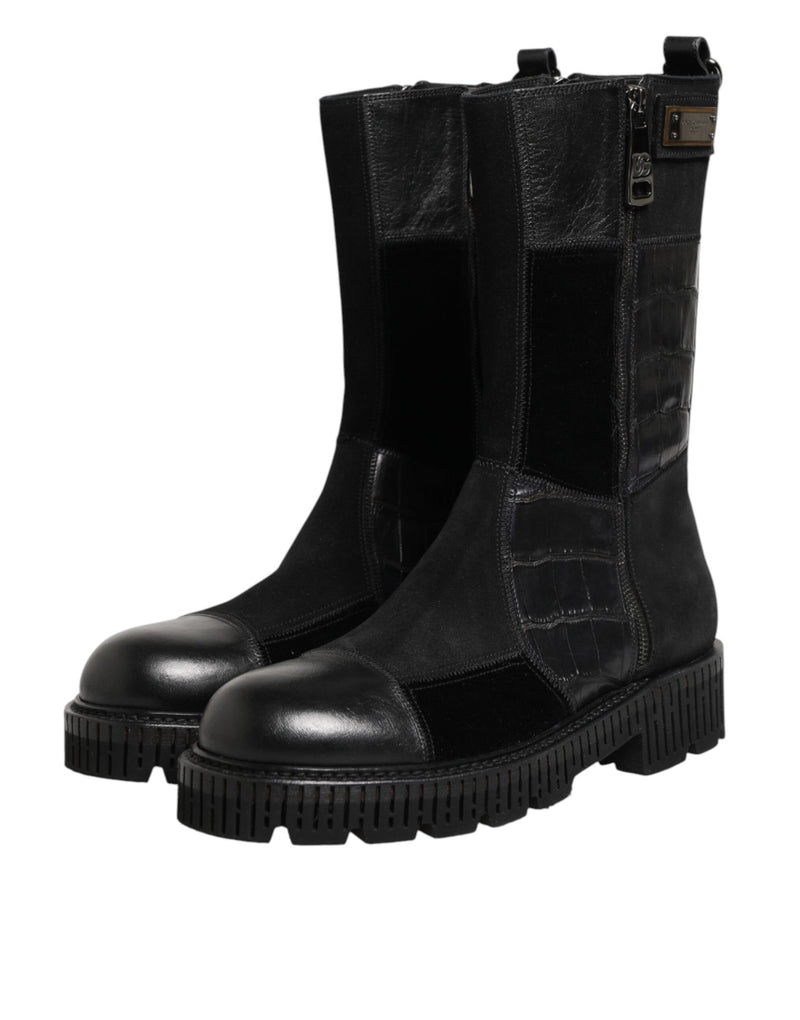 Dolce & Gabbana Black Patchwork Leather Mid Calf Boot