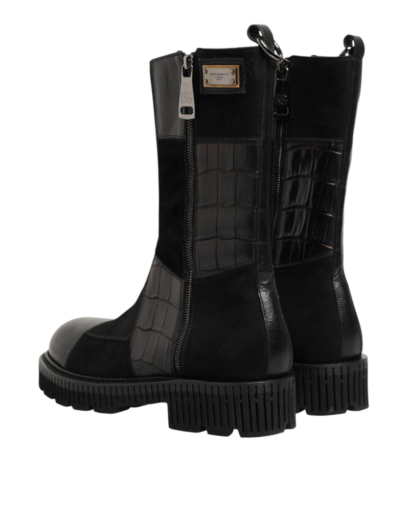 Dolce & Gabbana Black Patchwork Leather Mid Calf Boot