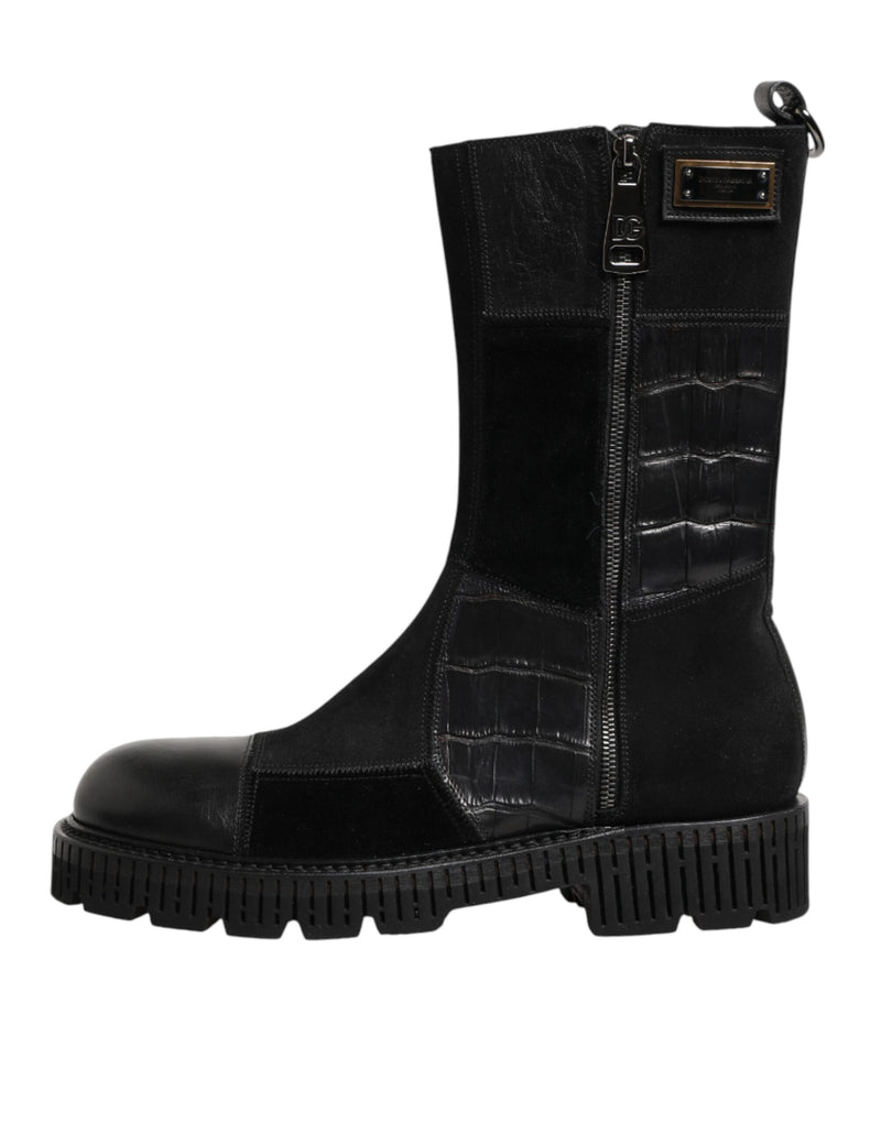 Dolce & Gabbana Black Patchwork Leather Mid Calf Boot
