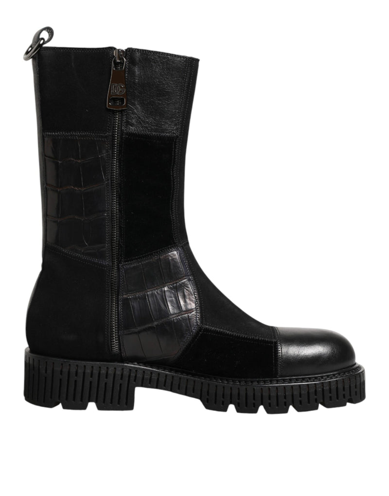 Dolce & Gabbana Black Patchwork Leather Mid Calf Boot