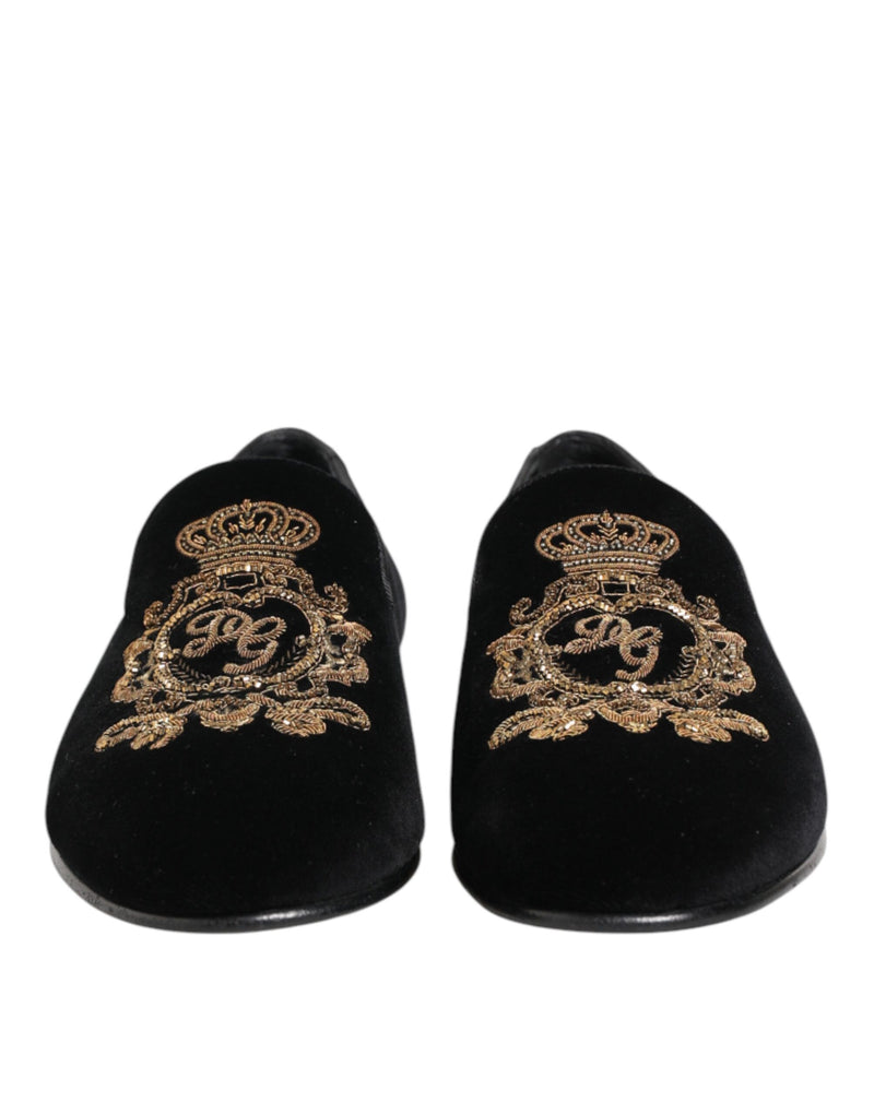 Dolce & Gabbana Black Velvet Gold Crown Men's Loafers