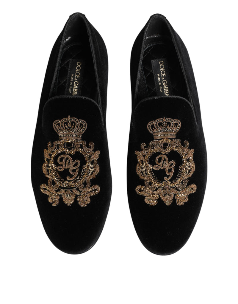 Dolce & Gabbana Black Velvet Gold Crown Men's Loafers