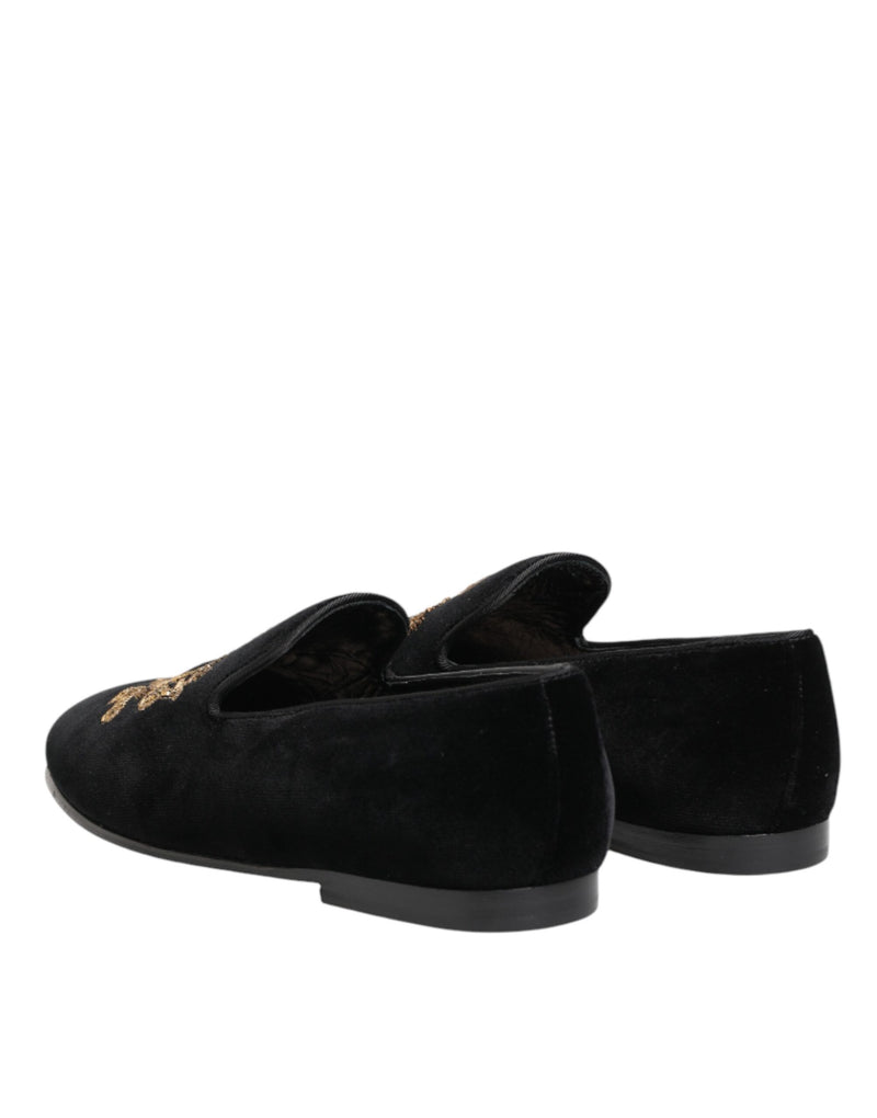 Dolce & Gabbana Black Velvet Gold Crown Men's Loafers