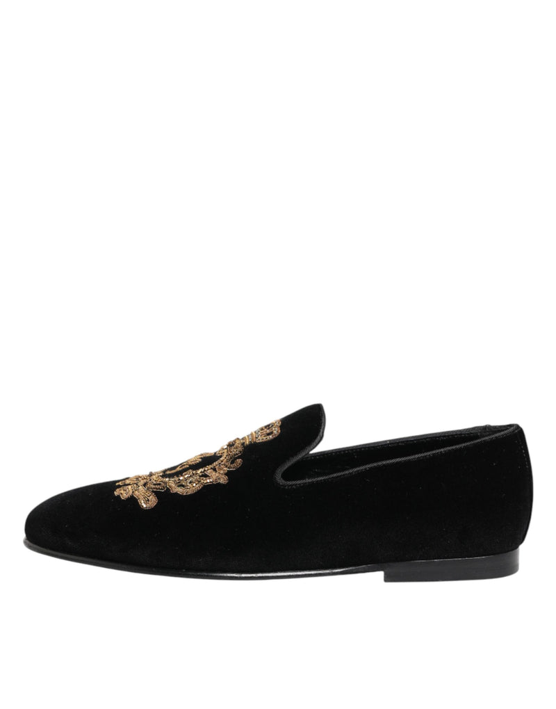 Dolce & Gabbana Black Velvet Gold Crown Men's Loafers
