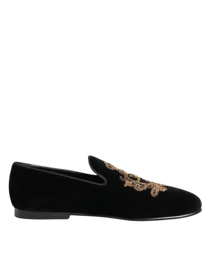 Dolce & Gabbana Black Velvet Gold Crown Men's Loafers