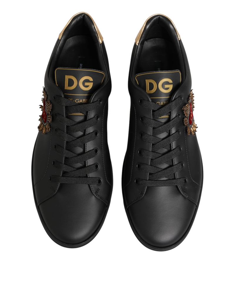 Dolce & Gabbana Sneakers en Cuir Noir avec Cœur Embelli