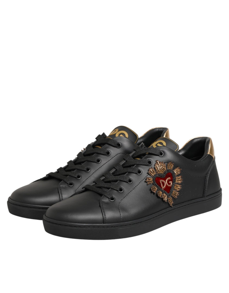 Dolce & Gabbana Sneakers en Cuir Noir avec Cœur Embelli