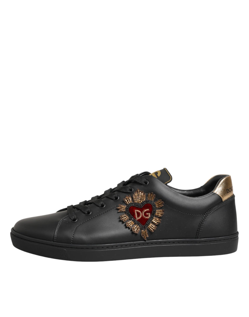 Dolce & Gabbana Sneakers en Cuir Noir avec Cœur Embelli
