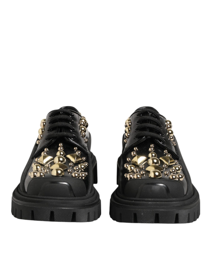 Dolce & Gabbana Derby Shoes en Cuir Noir avec Cristaux Bijoux
