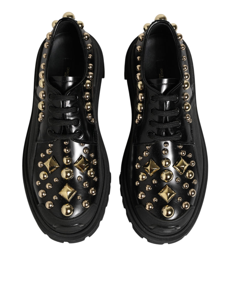 Dolce & Gabbana Derby Shoes en Cuir Noir avec Cristaux Bijoux
