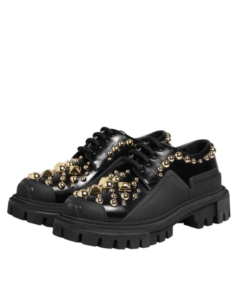 Dolce & Gabbana Derby Shoes en Cuir Noir avec Cristaux Bijoux