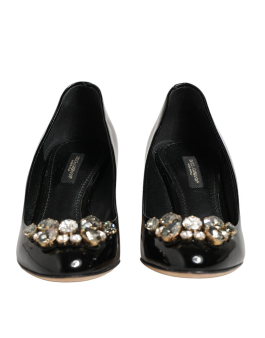 Dolce & Gabbana Black Leather Crystals Heels Pumps