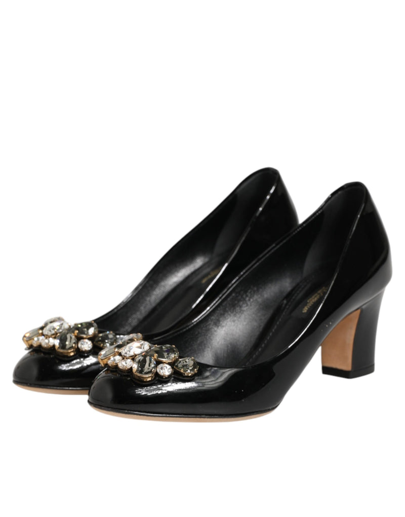 Dolce & Gabbana Black Leather Crystals Heels Pumps