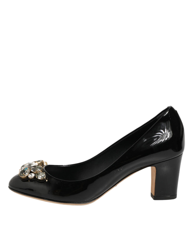 Dolce & Gabbana Black Leather Crystals Heels Pumps