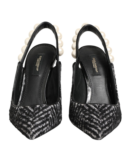 Dolce & Gabbana Slingbacks en Chevron Noir et Blanc avec Perles