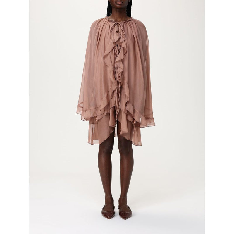 Tpn Beige Silk Cocktail Dress with Ruffle Detailing