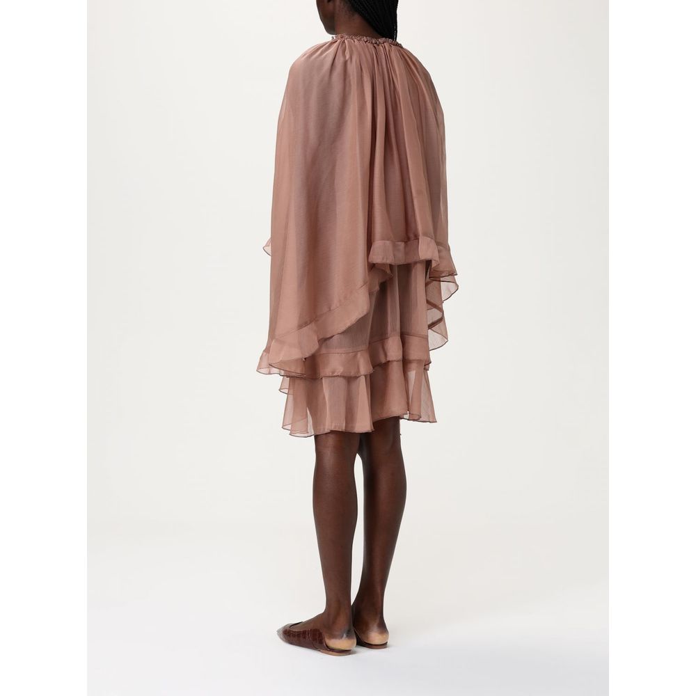 Tpn Beige Silk Cocktail Dress with Ruffle Detailing