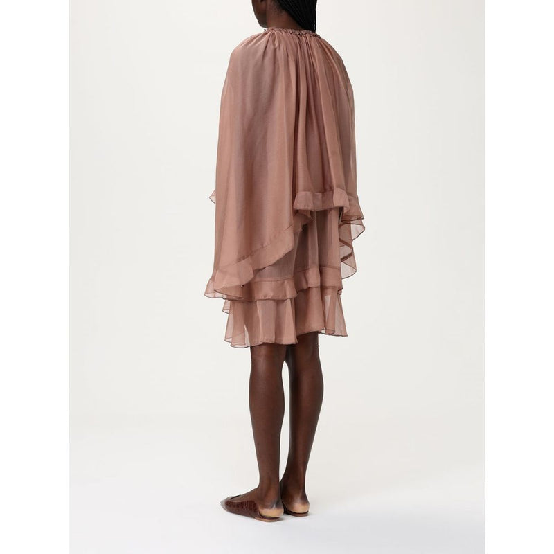 Tpn Beige Silk Cocktail Dress with Ruffle Detailing