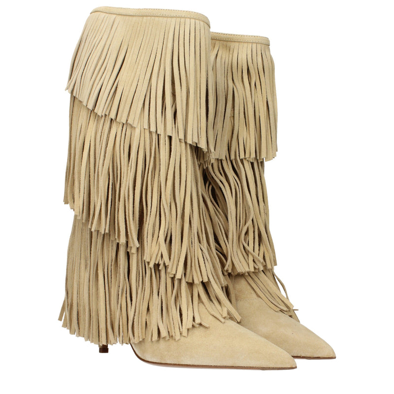 Paris Texas Beige Leather Flat Boots with Fringes