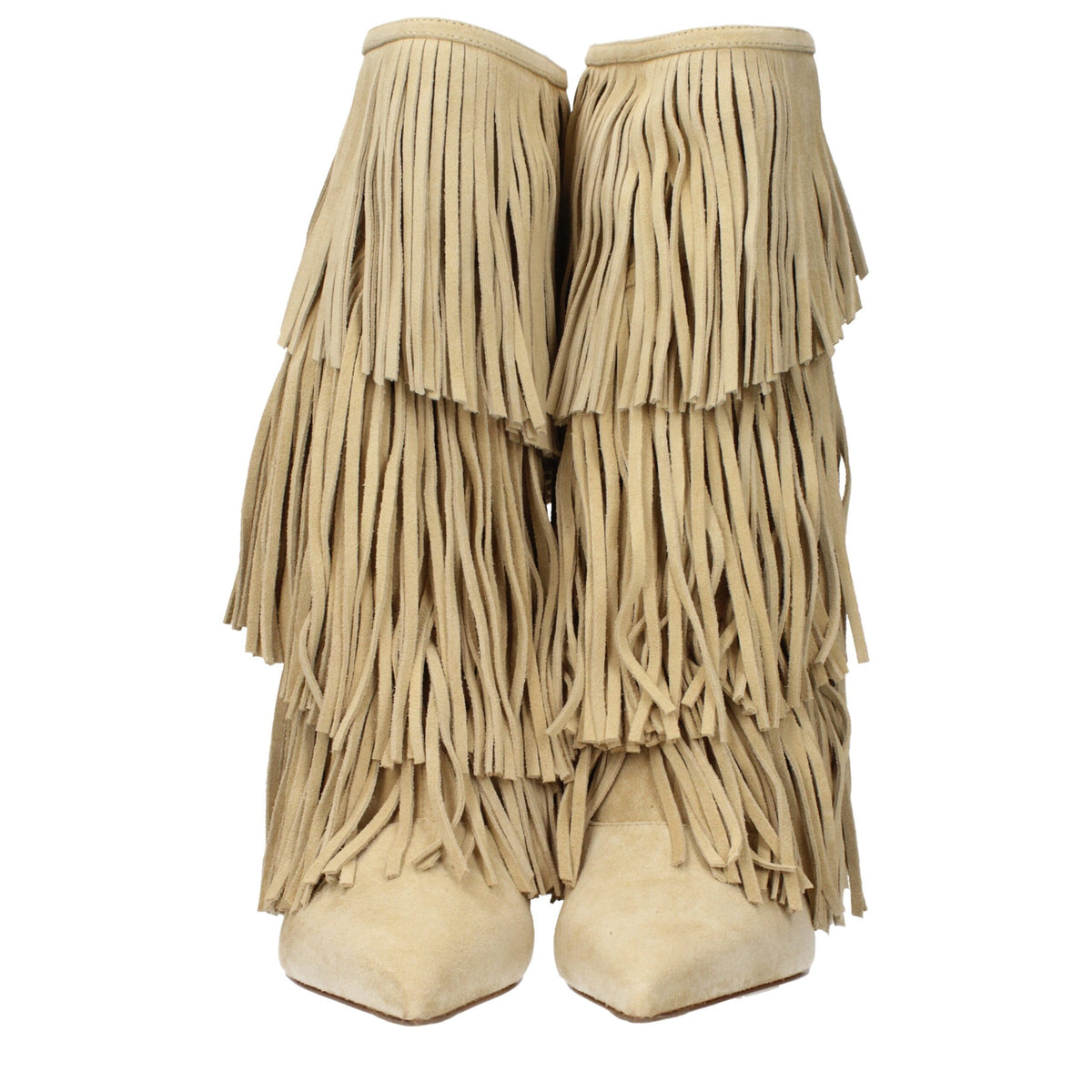 Paris Texas Beige Leather Flat Boots with Fringes