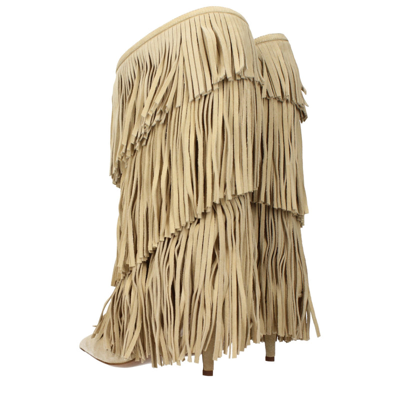 Paris Texas Beige Leather Flat Boots with Fringes