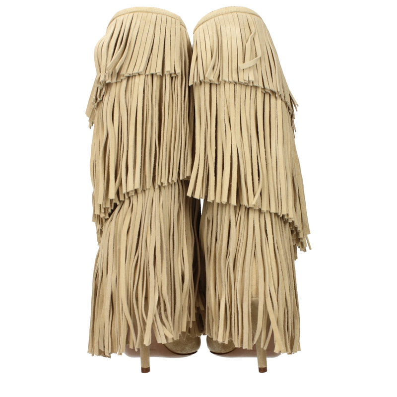 Paris Texas Beige Leather Flat Boots with Fringes