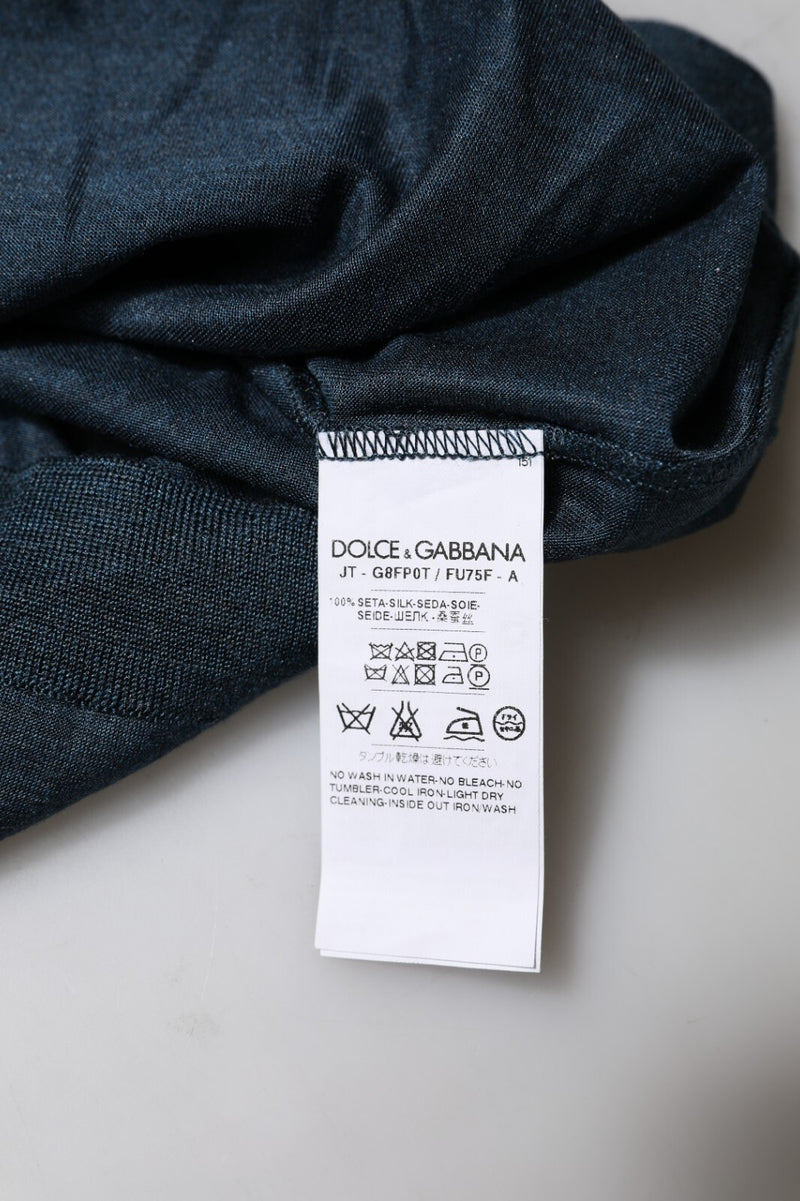 Dolce &amp; Gabbana T-shirt van donkerblauwe zijde met ronde hals en korte mouwen