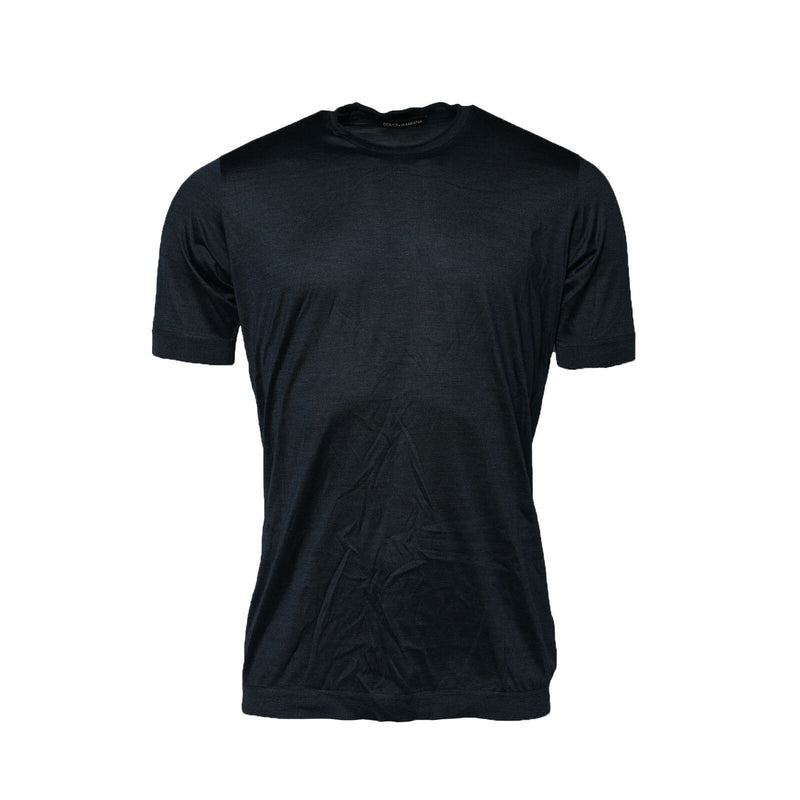 Dolce &amp; Gabbana T-shirt van donkerblauwe zijde met ronde hals en korte mouwen