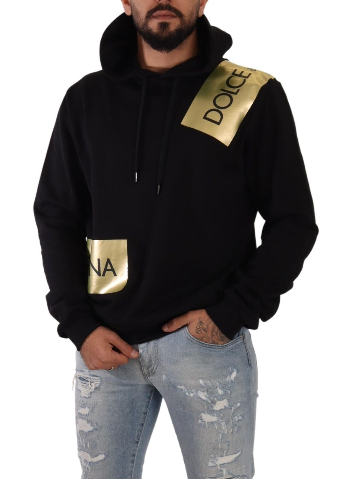 Pull à capuche Dolce &amp; Gabbana noir et or en coton pour homme