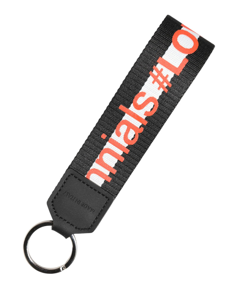 Dolce & Gabbana Black Logo Polyester Silver Brass Keychain