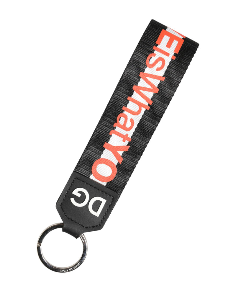 Dolce & Gabbana Black Logo Polyester Silver Brass Keychain