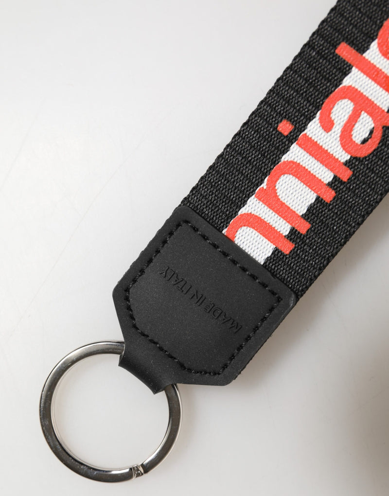 Dolce & Gabbana Black Logo Polyester Silver Brass Keychain