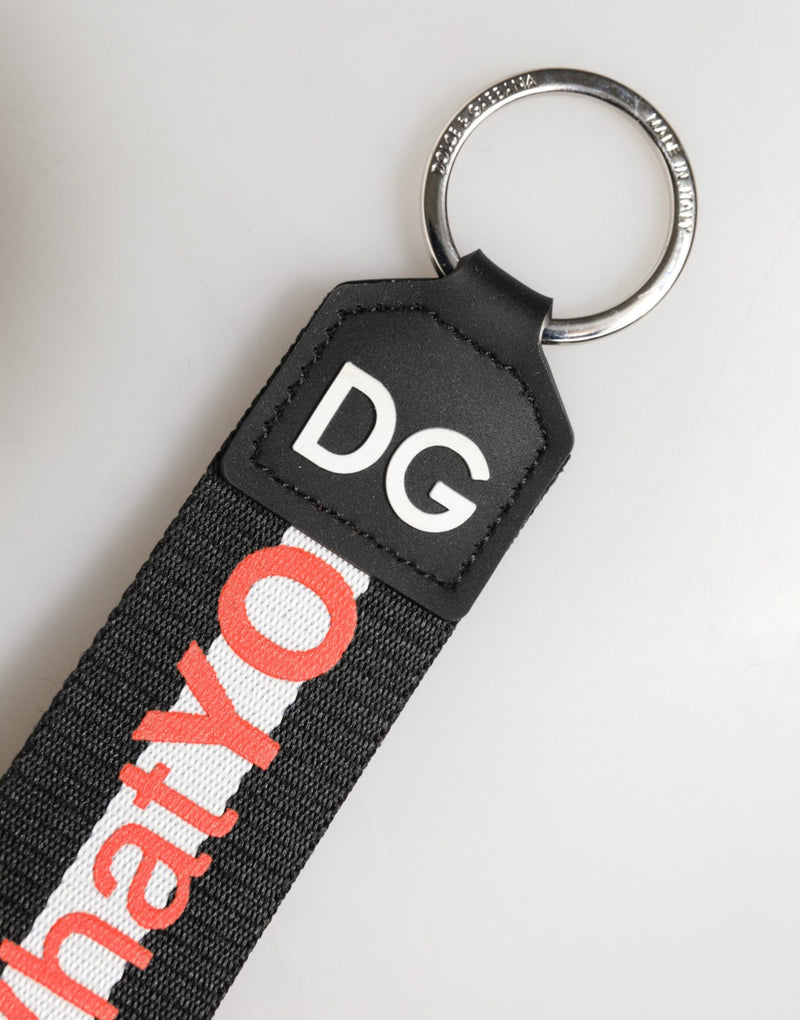 Dolce & Gabbana Black Logo Polyester Silver Brass Keychain