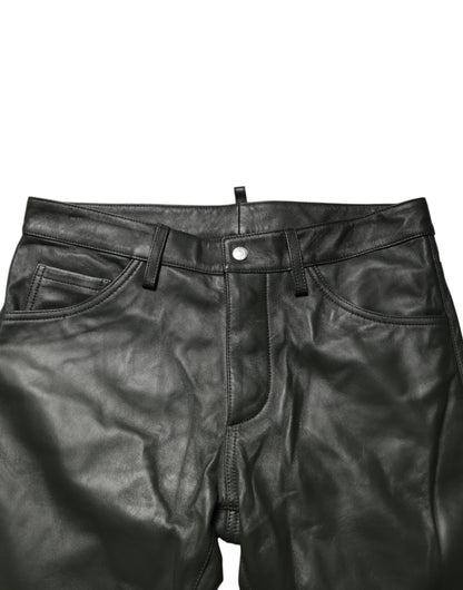 Dsquared² Black Full Grain Leather Mid Waist Trouser Pants