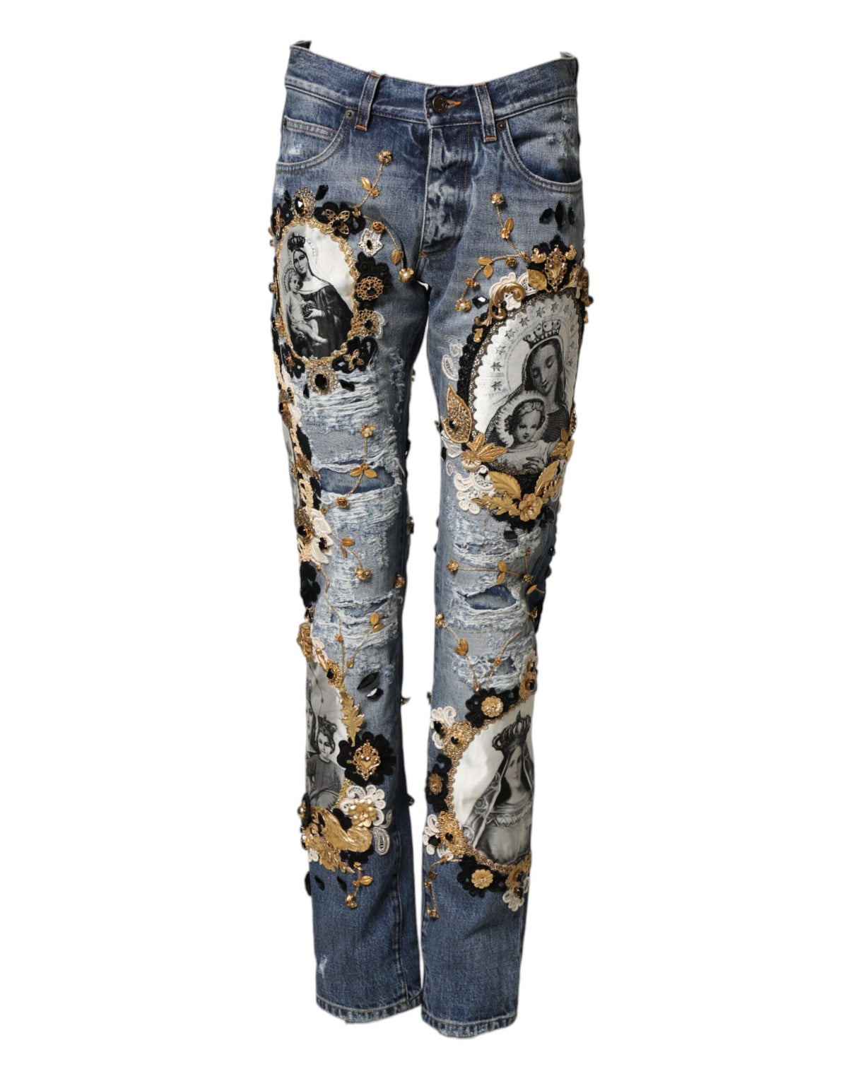 Jean en denim de coton bleu déchiré et orné Dolce &amp; Gabbana