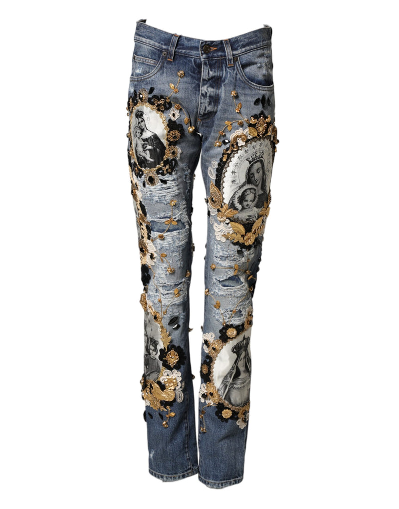 Jean en denim de coton bleu déchiré et orné Dolce &amp; Gabbana