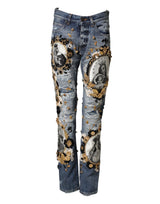 Jean en denim de coton bleu déchiré et orné Dolce &amp; Gabbana
