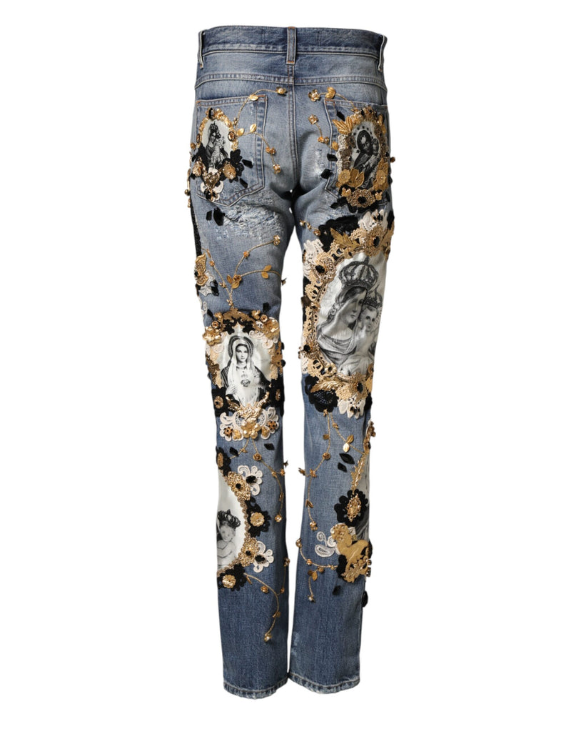 Jean en denim de coton bleu déchiré et orné Dolce &amp; Gabbana