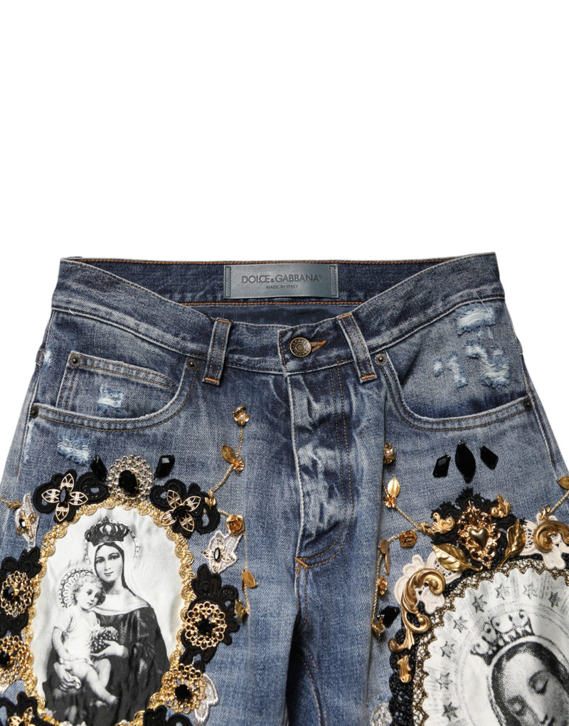 Jean en denim de coton bleu déchiré et orné Dolce &amp; Gabbana