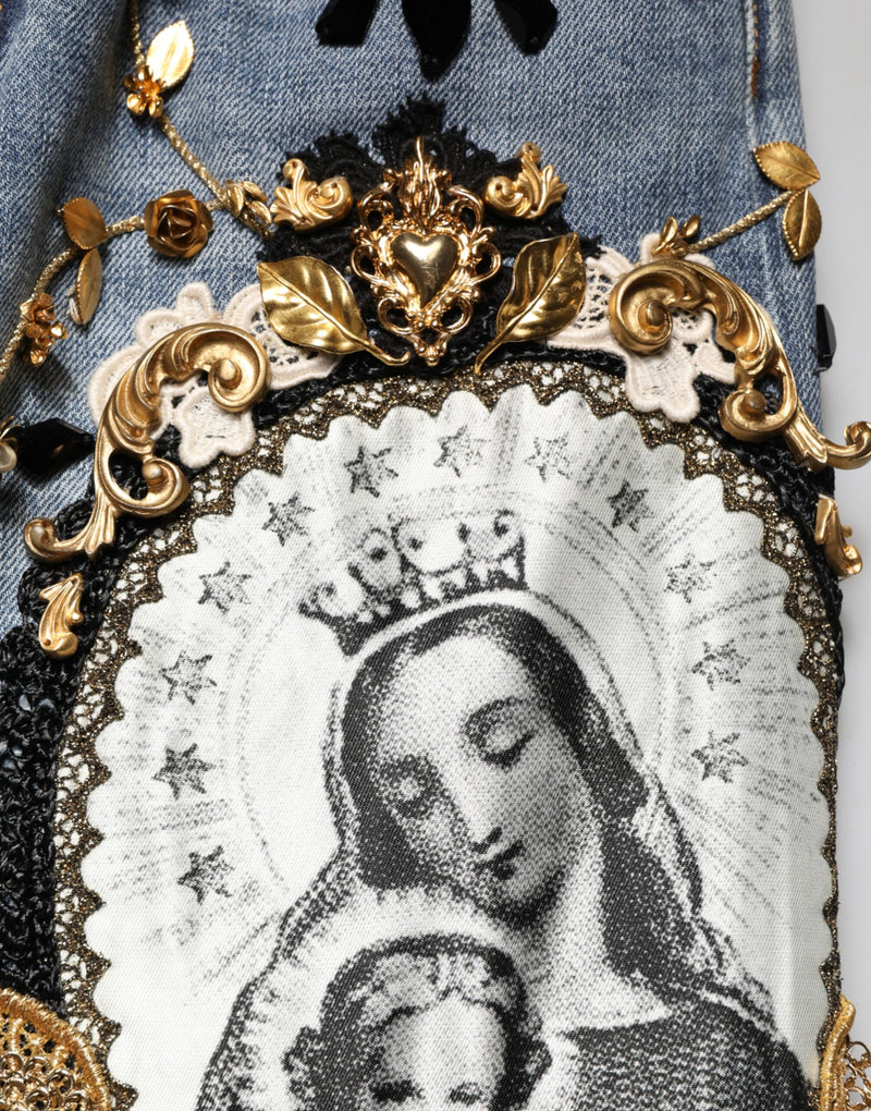 Jean en denim de coton bleu déchiré et orné Dolce &amp; Gabbana