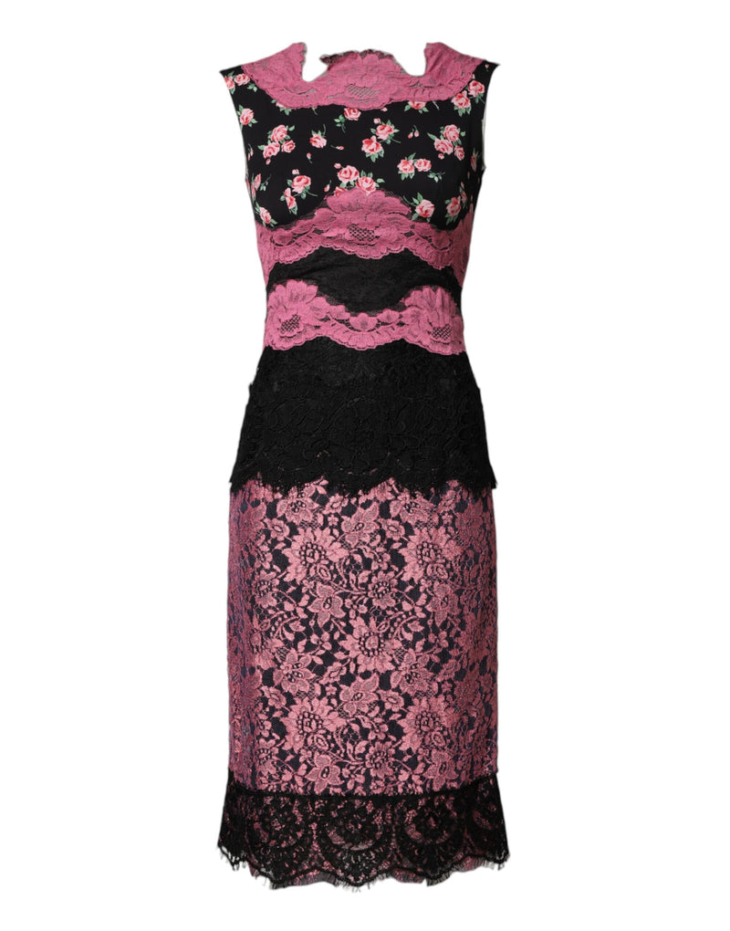 Dolce & Gabbana Robe Fourreau en Soie Noire et Dentelle Fleurie Rose